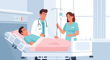 Bir doktor ve hemşire, bir hastane yatağında seruma bağlı yatan bir hastayla ilgileniyorlar. Doktor çizelgeye yazıyor..