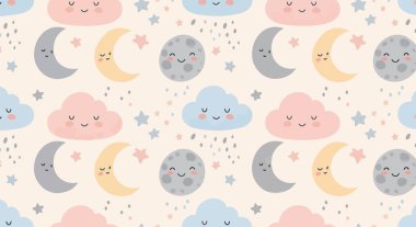 Gülen pastel bulutların, hilal aylarının, dolunayların, yıldızların ve yağmur damlalarının yinelenen deseni neşeli, rüya gibi ve rahatlatıcı bir tasarım yaratıyor..