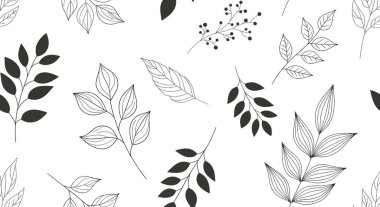Detaylı çizgili sanat yaprakları ve koyu siyah yaprak siluetleri içeren kusursuz bir desen dengeli bir botanik tasarımı yaratıyor..