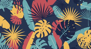 Sarı, kırmızı, deniz mavisi ve deniz mavisi renklerinde, canavar, palmiye ve muz yaprağı şekilleri içeren kusursuz bir tropikal yaprak deseni..