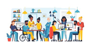 Modern bir ofiste çalışan, bilgisayarlardaki verileri analiz eden ve projelerde işbirliği yapan çeşitli bir ekibin tasviri.