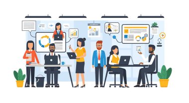 İşbirlikçi ofis ortamında dizüstü bilgisayar kullanan ve grafikleri analiz eden çeşitli profesyonellerden oluşan bir grup..