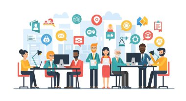 İşbirlikçi bir ofis ortamında, iletişim simgeleriyle çevrili, bilgisayarlarla masalarda çalışan çeşitli profesyonellerin çizimi.