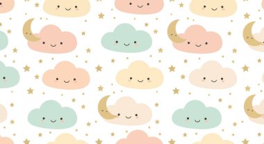 Gülen yüzleri, hilal ayları ve altın yıldızları olan pastel renkli bulutların tekrarlayan deseni tuhaf ve neşeli bir tasarım yaratıyor..