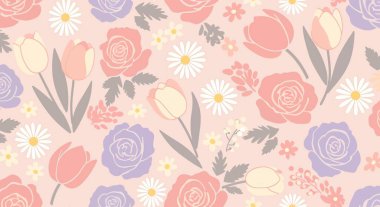 Pastel pembe güller, lavanta gülleri, laleler ve açık pembe arka planda beyaz papatyalar içeren kusursuz çiçek desenleri..