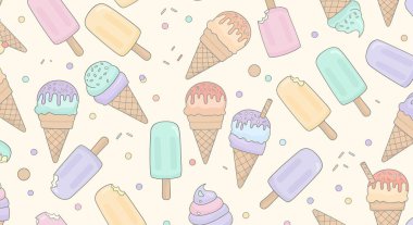 Pastel renkli dondurma külahları ve buzlu şekerlerle süslenmiş tatlı ve eğlenceli bir tasarım için yumuşak, sessiz renkler..