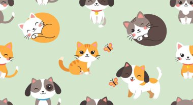 Kelebeklerle birlikte çeşitli pozlarda çizgi film kedileri ve köpeklerini gösteren kusursuz desenler. Hepsi de şirin, düz bir tasarım tarzında yapılmış..