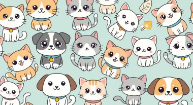 Çizgi film kedileri ve köpeklerinin geniş gözleri, tasmaları ve sevimli ifadeleri var. Çeşitli renkler ve pozlar tuhaf bir tasarım yaratır..