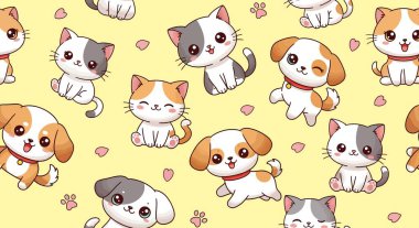 Çizgi filmlerdeki küçük pembe kalp şekilleri ve pati izleriyle birbirine karışmış şirin ifadeli kedi ve köpeklerin kusursuz desenleri..