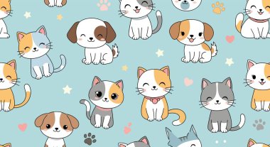 Açık mavi arka planda gülen yüzlü, kalbi, yıldızları ve pençe izleri olan çizgi film kedileri ve köpeklerini gösteren kusursuz bir desen..
