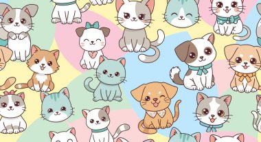 Renkli arka planda çeşitli renk ve ifadelere sahip çizgi film kedileri ve köpekleri içeren kusursuz bir desen..