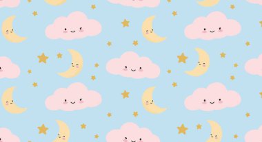 Gülümseyen hilal aylarının, pembe bulutların ve altın yıldızların tekrarlanan bir düzeni. Hepsi de sevimli çizgi film yüzlü..