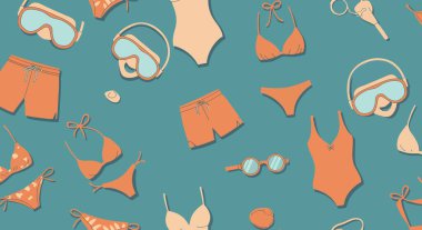 Mayo, gözlük, mayo, şort ve turuncu tonlarda ve şeftali gibi aksesuarlar..