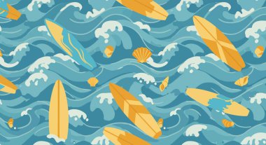 Sörf tahtaları ve deniz kabuklarının stilize edilmiş okyanus dalgaları arasında dağılıp neşeli bir sahil havası yaratan dinamik bir şablon..