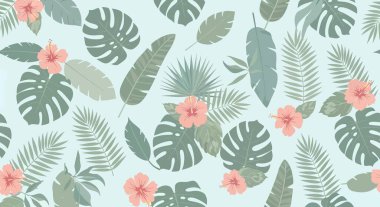 Açık mavi arka planda şekillendirilmiş tropikal yapraklar ve şeftali rengi amber çiçekleri, sakin ve botanik bir tasarım yaratıyor..