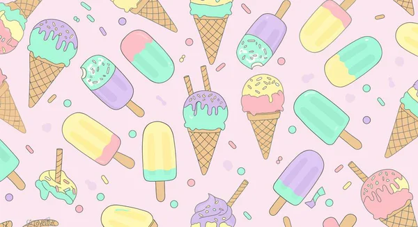 Pastel renkli dondurma külahları ve buzlu şekerlerle süslenmiş açık pembe bir zemin üzerinde şekerleme çubukları..