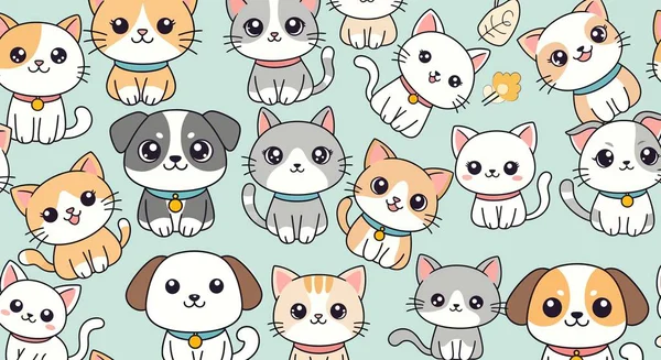 Çizgi film kedileri ve köpeklerinin geniş gözleri, tasmaları ve sevimli ifadeleri var. Çeşitli renkler ve pozlar tuhaf bir tasarım yaratır..