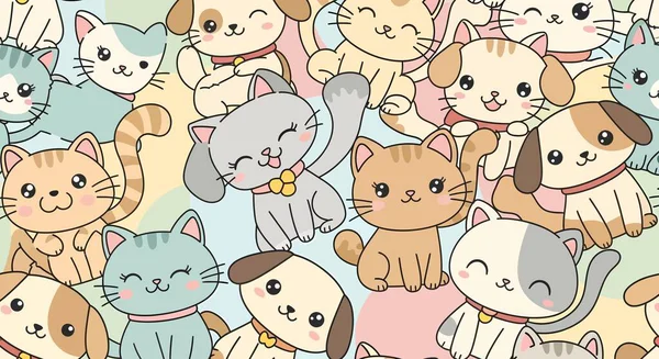 Kusursuz desenli, sevimli çizgi film kedileri ve tasmalı köpekler, gülümseyen yüzler ve pastel renk paleti..