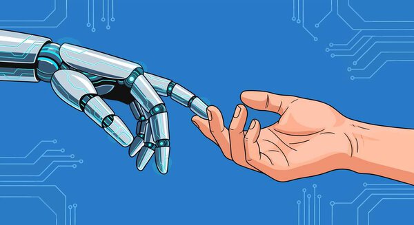Illustration of a robot hand with metallic texture reaching out to touch a human hand, symbolizing connection and technology.