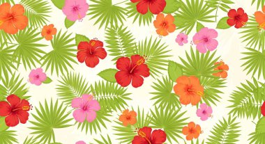 Kırmızı, turuncu ve yeşil palmiye yapraklarıyla karışmış pembe amber çiçekleri içeren renksiz bir desen..