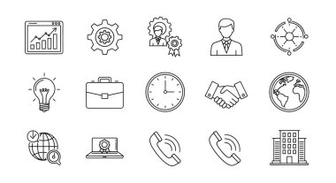 Çizelge, dişli, el sıkışma, ampul ve diğer ilgili semboller de dahil olmak üzere, bir çizgi sanat tarzında iş ve yönetim simgeleri koleksiyonu.
