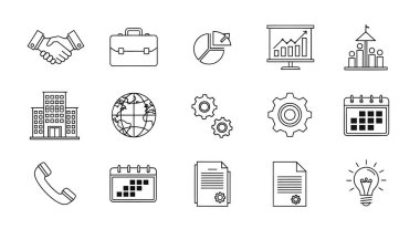 İş kavramlarını temsil eden siyah taslak simgelerinin bir koleksiyonu: el sıkışma, evrak çantası, grafik, sunum, takım, bina, küre, dişliler, takvim, telefon, belge ve ampul.