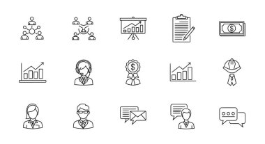 Takım çalışması, grafikler, para, iletişim ve profesyonel roller gibi ticari kavramları temsil eden ince çizgi simgelerinin bir koleksiyonu.