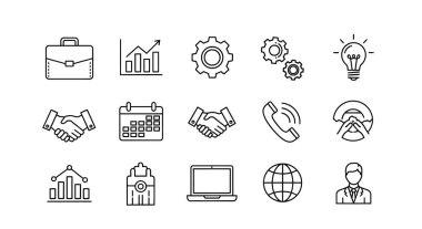 Bir evrak çantası, yükselen grafikler, vites, el sıkışma, takvim, telefon, dizüstü bilgisayar, ampul ve iş adamı içeren iş simgeleri koleksiyonu.