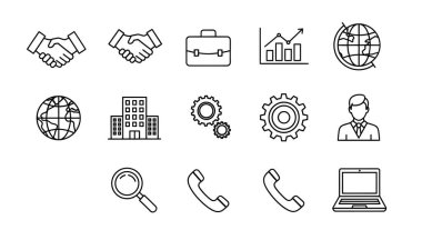 İş ve teknoloji kavramlarını tasvir eden siyah beyaz çizgi simgelerinden oluşan bir koleksiyon. El sıkışmalar, bir evrak çantası, bir grafik ve bir dünya..