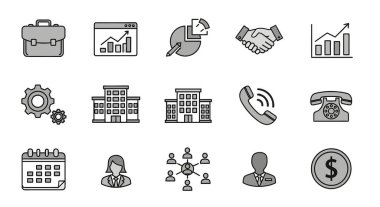 Bir evrak çantası, çizelgeler, el sıkışma, binalar, telefonlar, takvimler ve insanlar dahil olmak üzere iş simgelerinin bir koleksiyonu, hepsi gri ve siyah ana hatlı bir şekilde..