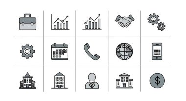 Bir evrak çantası, çizelgeler, el sıkışma, vites, takvim, telefon, dünya, akıllı telefon, binalar ve bir dolar içeren iş ve finans simgeleri koleksiyonu..