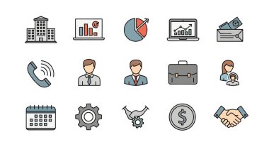 Bir bina, dizüstü bilgisayarlar, pasta grafiği, evrak çantası, insanlar, takvim, dişli, el sıkışma ve dolar madeni para içeren iş ikonları koleksiyonu.