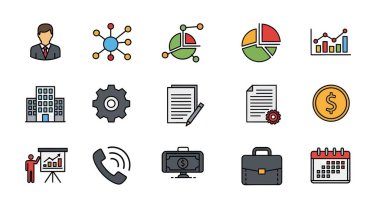 Çizelgeler, grafikler, bir bina, ofis araçları ve bir işadamı içeren bir iş ve finans simgeleri koleksiyonu, hepsi düz tasarım tarzında..