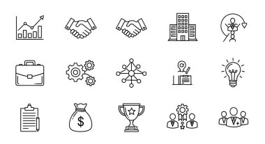 Büyüme, işbirliği, finans ve takım çalışması gibi iş kavramlarını temsil eden siyah beyaz çizgi sanat simgelerinin bir koleksiyonu.