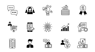 Takım çalışması, finansal büyüme, çevrimiçi iş ve sunumlar da dahil olmak üzere siyah ve beyaz iş simgelerinin bir koleksiyonu.