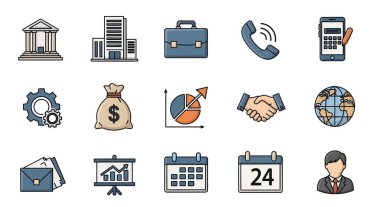 Banka, gökdelen, çanta, telefon, para çantası, grafik, tokalaşma, dünya ve takvim de dahil olmak üzere iş ve finans simgeleri koleksiyonu.