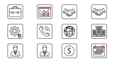 Bir evrak çantası, çizelge, el sıkışma, dişli, telefon, dünya, bina, insanlar, dolar işareti ve takvim içeren iş ve finans simgeleri koleksiyonu.
