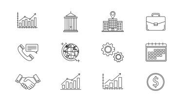 Grafik, bina, küre, vites, el sıkışma, takvim, evrak çantası, telefon ve bozuk para dahil olmak üzere 12 iş ve finans simgesinden oluşan bir koleksiyon..