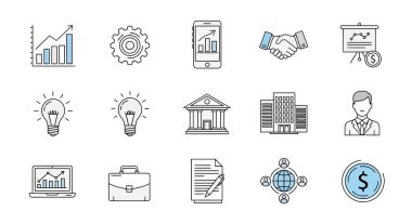 İşletme ve finans simgeleri koleksiyonu. Haritalar, vitesler, el sıkışma, banka, bina ve dolar işareti..