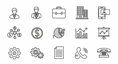 İnsanlar, para, grafikler, binalar ve iletişim cihazları da dahil olmak üzere ana hatlar tarzında bir dizi iş ve finans simgesi.