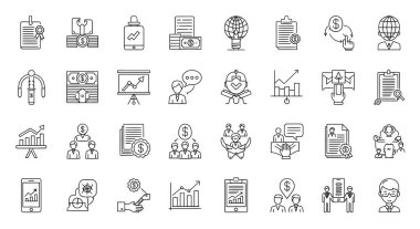 İş ve finans simgelerinin ana hatlarıyla toplanması, büyüme grafikleri, küresel iş dünyası, takım çalışması ve mali stratejiler gibi kavramların yer aldığı.