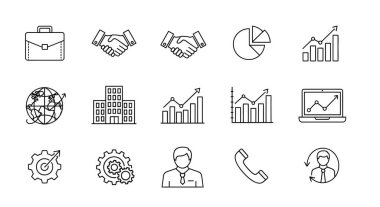 Bir evrak çantası, el sıkışma, grafikler, dünya ve diğer ilgili semboller de dahil olmak üzere, basit bir çizgi sanat tarzında iş ve finans simgeleri koleksiyonu.