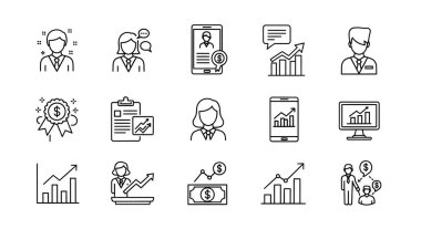 İnsanları, yükselen eğilimleri ve dolar sembolleri olan grafikleri içeren bir iş ve finans çizgisi koleksiyonu, hepsi temiz, minimalist tarzda.