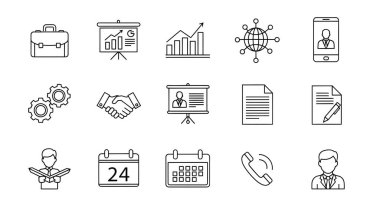 Çanta, çizelge, tokalaşma, vites, takvim ve telefon gibi ana hatları olan iş ve finans simgeleri koleksiyonu..