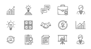 İş kavramlarını temsil eden doğrusal simgelerin bir koleksiyonu: büyüme grafiği, ampul, para, tokalaşma, evrak çantası, sunum ve profesyonel figürler.