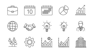 Bir evrak çantası, takvim, pasta çizelgesi, bar grafiği, dünya, el sıkışma, ampuller, bir işadamı ve bir bina içeren iş simgeleri koleksiyonu..