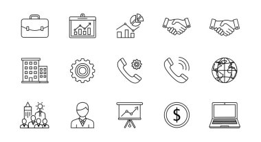 Taslak tarzında bir iş ikonları koleksiyonu. Bir evrak çantası, çizelgeler, el sıkışma, bina, teçhizat, telefon, dünya, takım, dolar işareti ve dizüstü bilgisayar içerir.