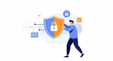 Elinde mavi ve turuncu bir kalkan, asma kilit simgeleriyle veri koruması ve siber güvenlik önlemlerini temsil eden bir adam tasviri.