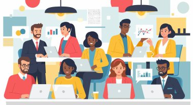 İşbirlikçi bir ofis ortamında dizüstü bilgisayarlar ve grafiklerle çevrili çeşitli profesyonellerden oluşan bir grup..