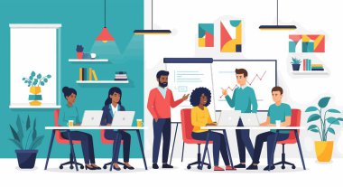 Çeşitli profesyonellerden oluşan bir grup, laptopları kullanarak bir toplantıda işbirliği yapıyor, iki sunucu beyaz tahtada verileri tartışıyor, takım çalışmasını teşvik ediyor ve yenilikleri geliştiriyor..